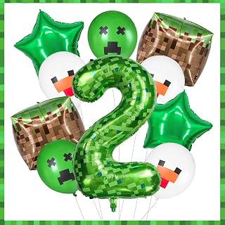 40 Inch Giant Green Pixel Miner Themed Number Foil Balloons, Mining Green Birthday Party Decorations Bundle 0-9 Optional Kids Anniversary Balloon Party Supplies (Number 2)