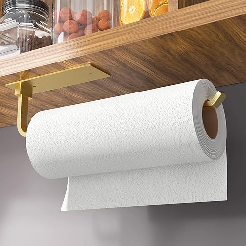 Soporte para toallas de papel autoadhesivo o perforado, dorado, dispensador de rollos de cocina de aluminio mejorado debajo del gabinete, más ligero