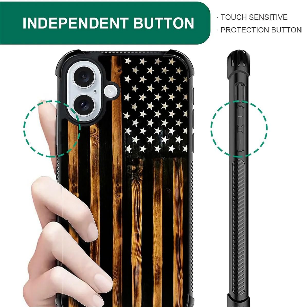 DJSOK Case for iPhone 16,Luxury Pattern Design Shockproof Rugged Cover,Cases for Man Woman-Classic Wood Grain Old Flag - Image 5
