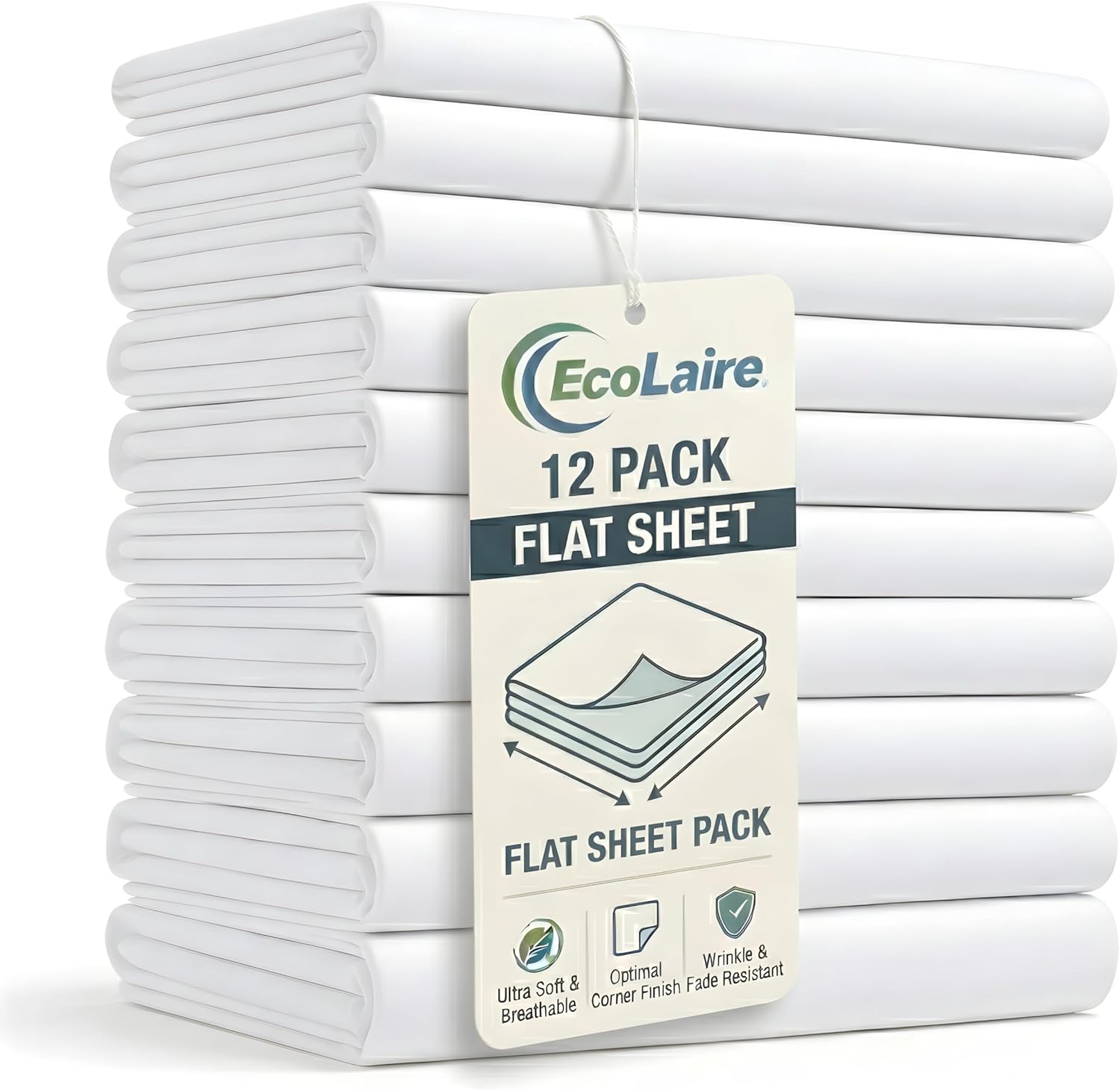 EcoLaire King Flat Bed Sheets Bulk Pack, Bed Sheets– 12 Pack 108 x 106, T200 Cotton Rich (60% Cotton 40% Polyester),White Sheets for Hotel, Rental, Spa & Home Use – Durable & Easy Care