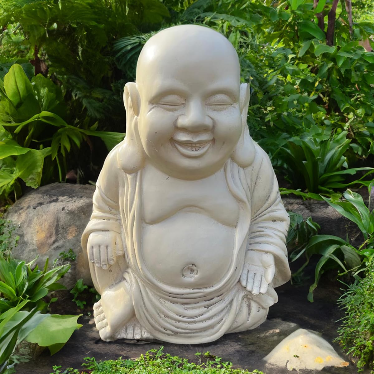 LOVETRENDS Sitting Buddha Statue (12" / 30cm) - Beige Happy & Plump Garden Ornament – Perfect for Home & Garden Decor, Meditation Spaces, Zen Altars, Spiritual Gifts, and Outdoor Display