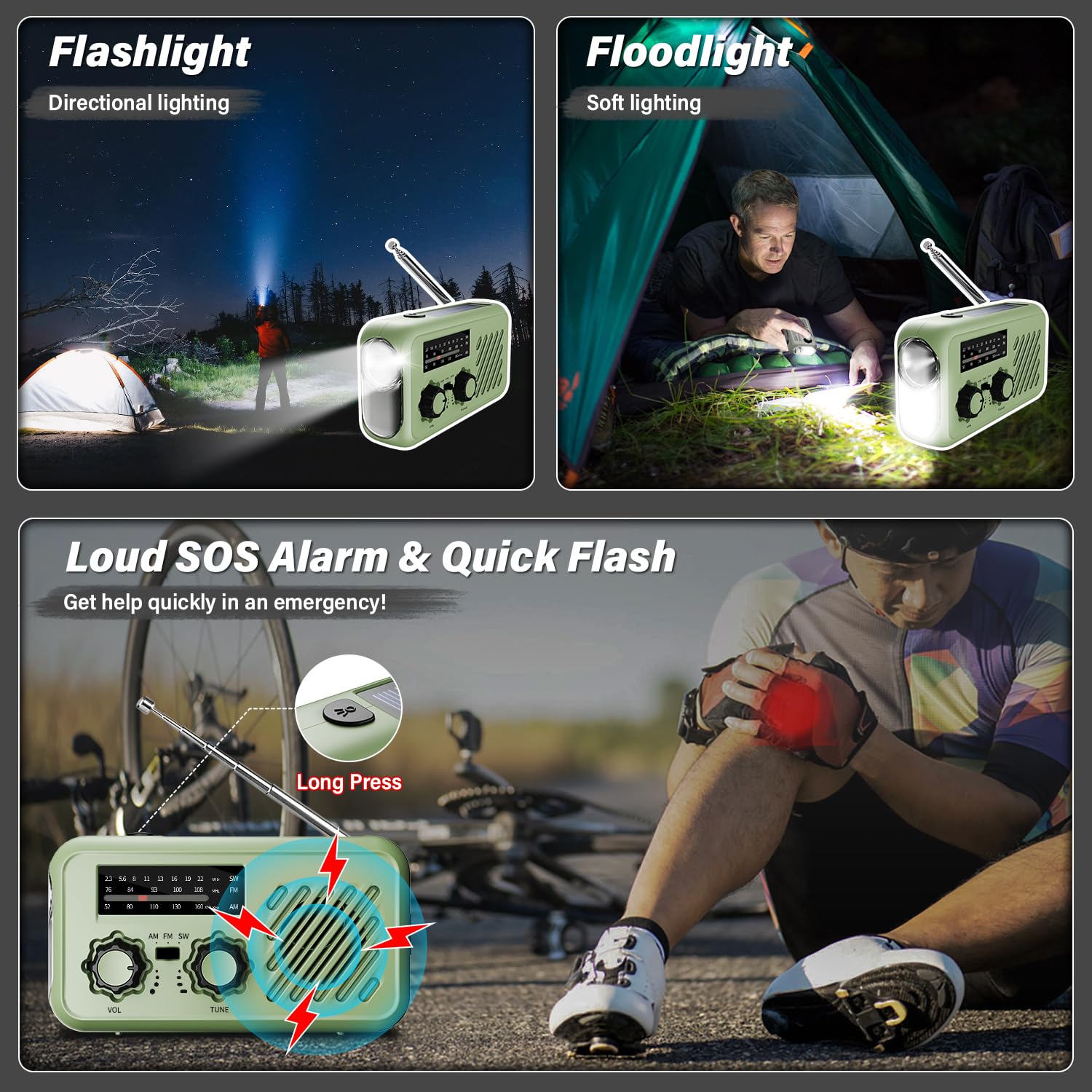 Radio Portable Urgence, AM/FM/SW Radio a Piles Survie, Radios Solaire Rechargeable à Manivelle avec Alarme SOS, 2000mAh Powerbank, Lampe de Poche, Lampe Lecture LED