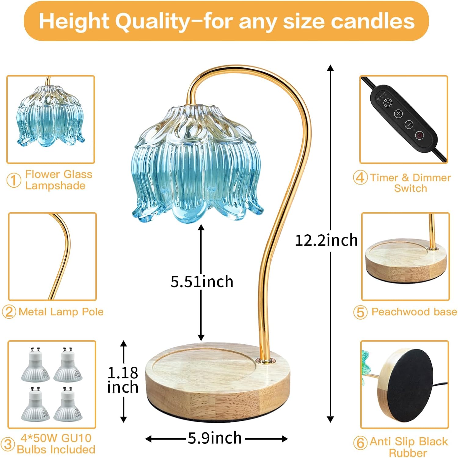 Dimmable Flower Candle Warmer Lamp, Blue Candle Warmer with Timer & 4Bulbs, Womens Gifts for Christmas Birthday, Unique Home Decor for Bedroom Living Room Decor Aesthetic