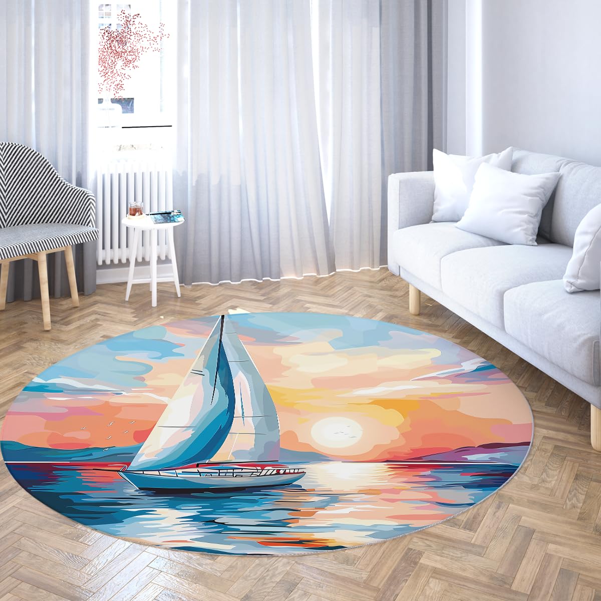 Tapis de sol intérieur pour salon et chambre, grand tapis rond doux pliable motif marin