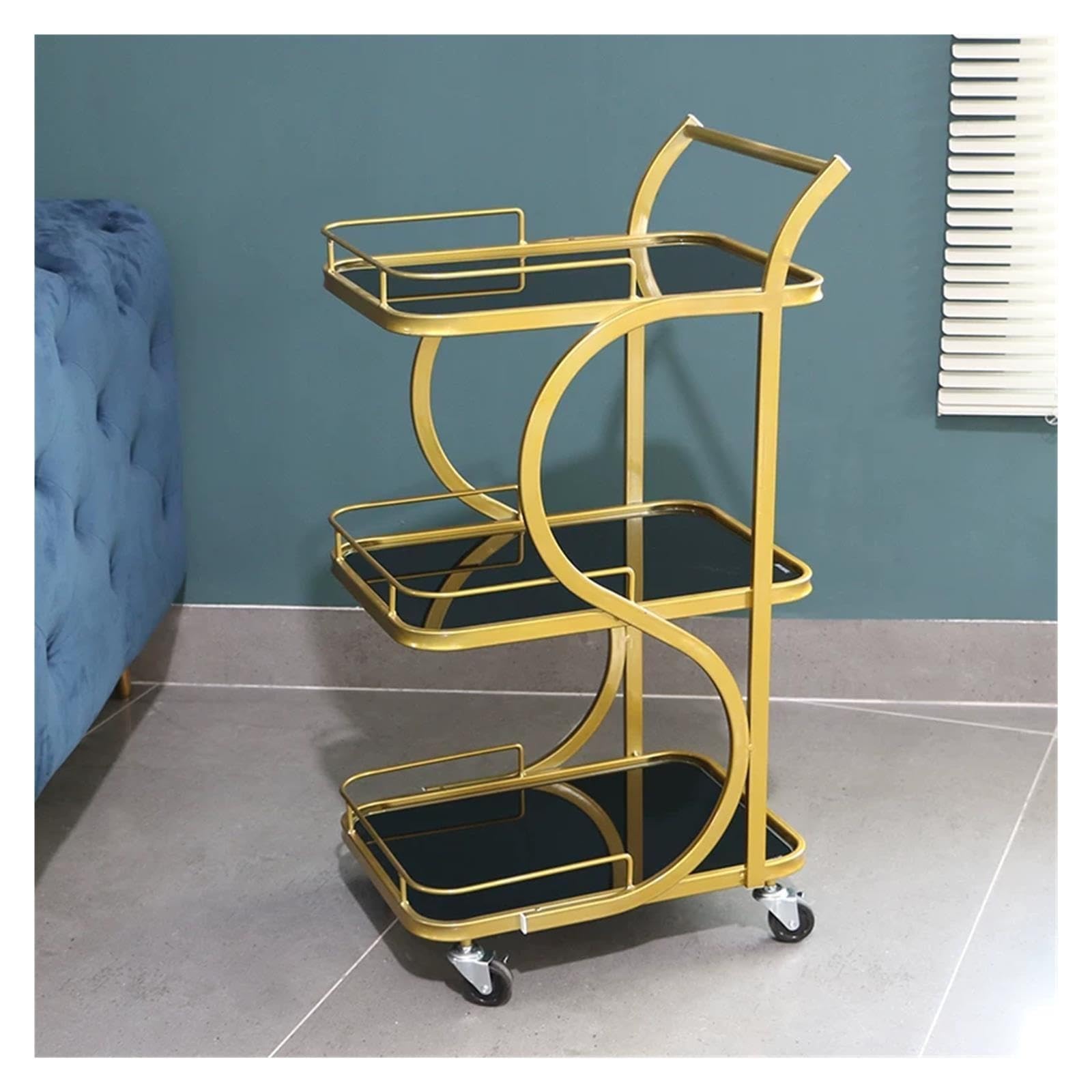 Speisewagenwagen, Hotelgeschäft, Restaurant, Mobile Kuchenlieferung, Eisen, Multifunktionaler Handschub-Barwagen, Bewegliche Lastwagen, Arbeitsplatte Aus Gehärtetem Glas(Gold,L54xW40xH84cm)