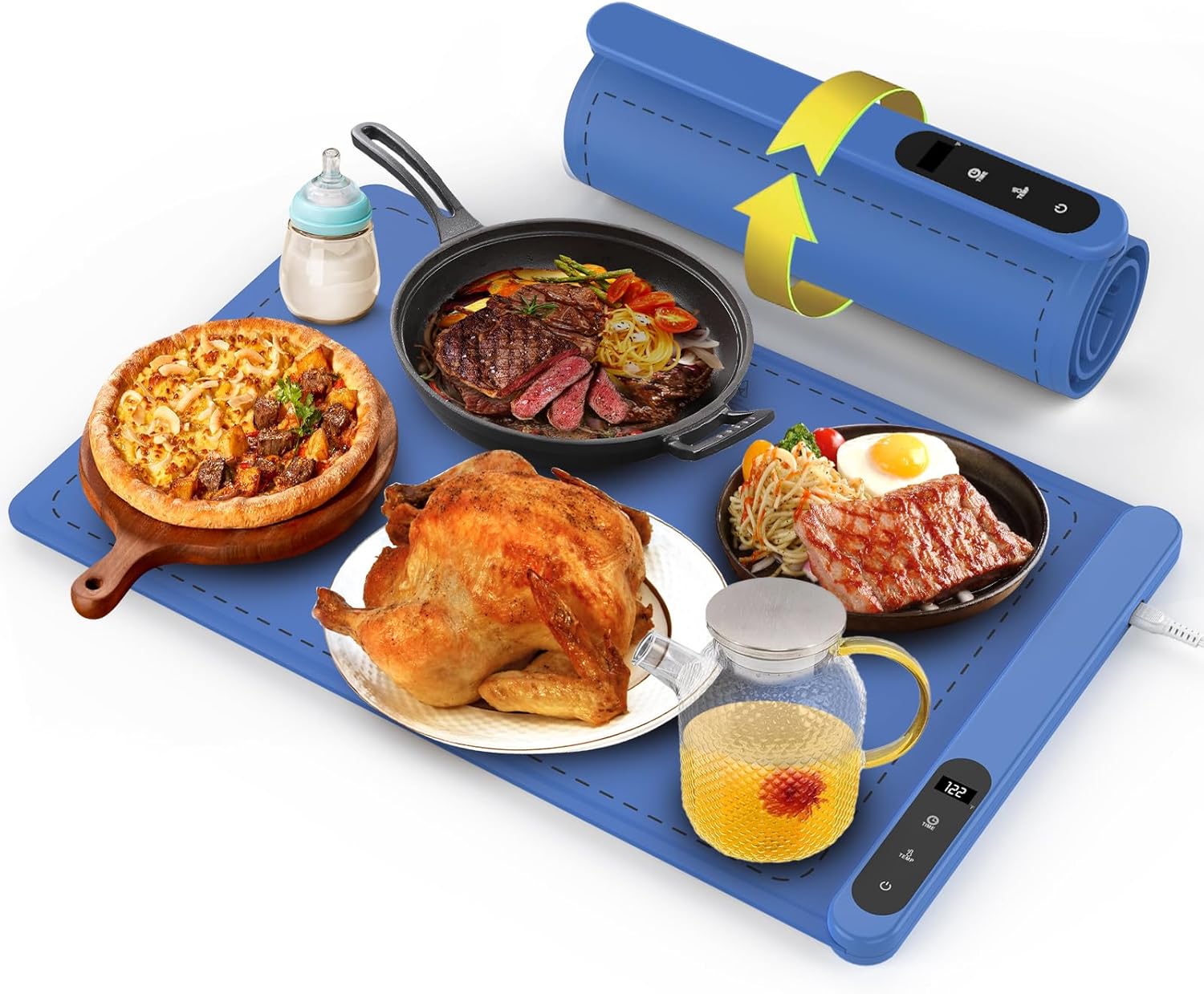 Food Warming Mat, Fast Heating Electric Warming Tray with Adjustable 6 Level Temperature, 1-6 Hours Timer, Portable Silicone Tray for Buffets Party, Gatherings, Home and Kitchen Blue