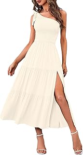 Women's Summer One Shoulder Sleeveless Knot Smocked Midi Dress Split Tiered Flowy Dresses - Buy now
