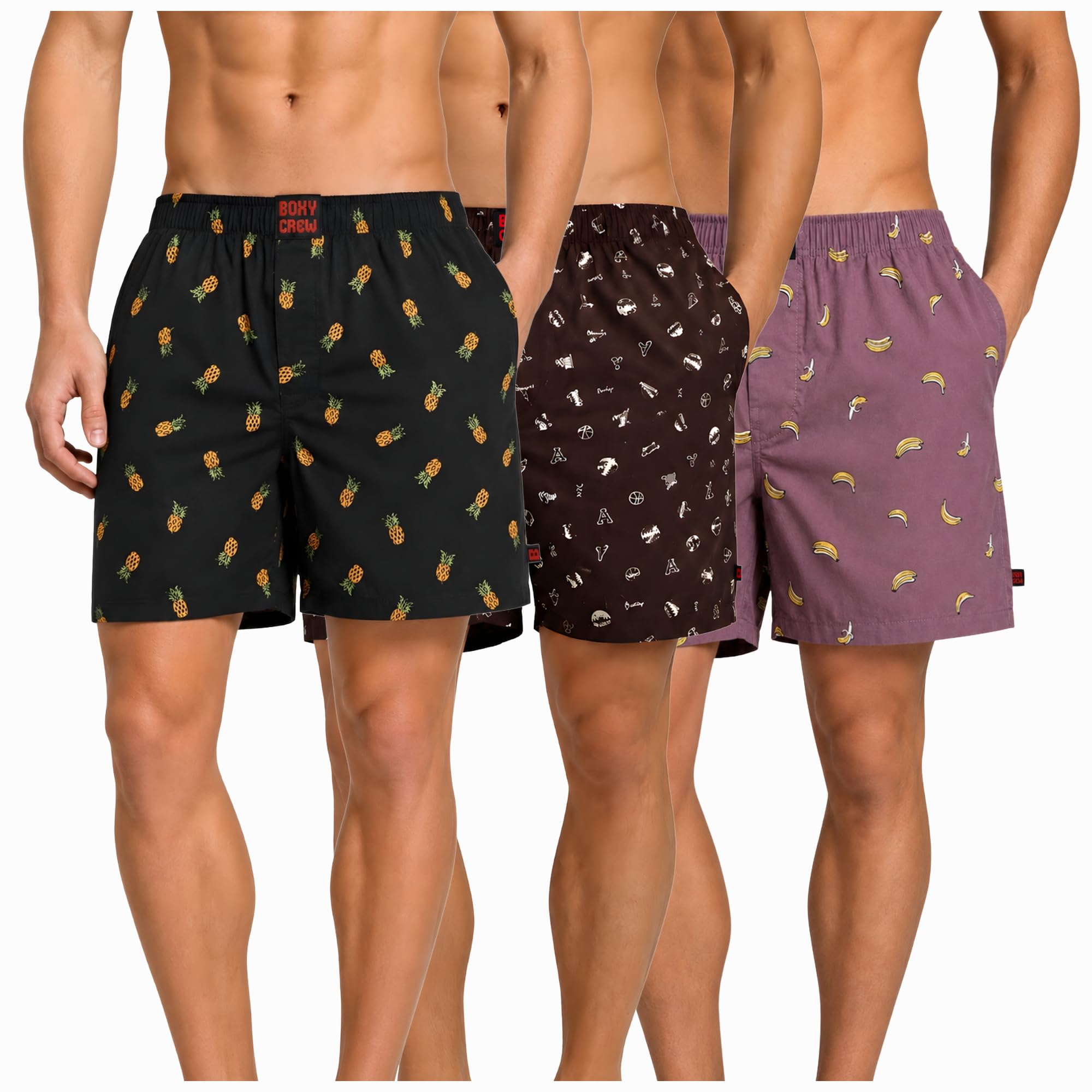 Men's 100% Cotton Boxer Shorts Pack of 3, Charcoal, Brown & Rose Pink | Woven Boxers with Side Pockets, No-Marks Elastic Waistband, Breathable Relaxed Fit | Style 004-005-006-image-20