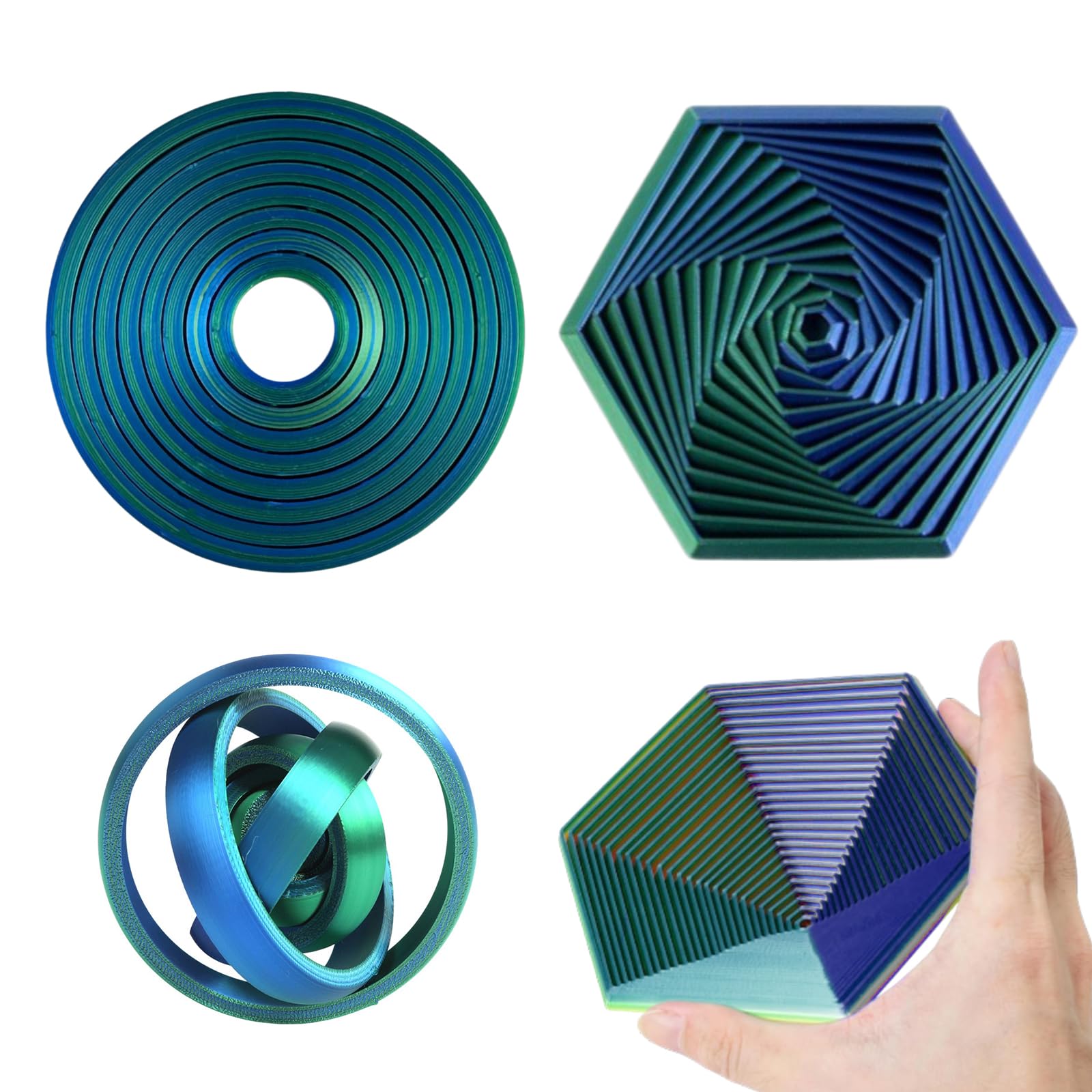 2 Pcs 3D Printed Fidget Toy, Stress Relief Fidget Toys Adults, Interstellar Sphere and Hexagon Spiral Sensory Toy for Office, Home & Travel (Gradient Green-Blue)
