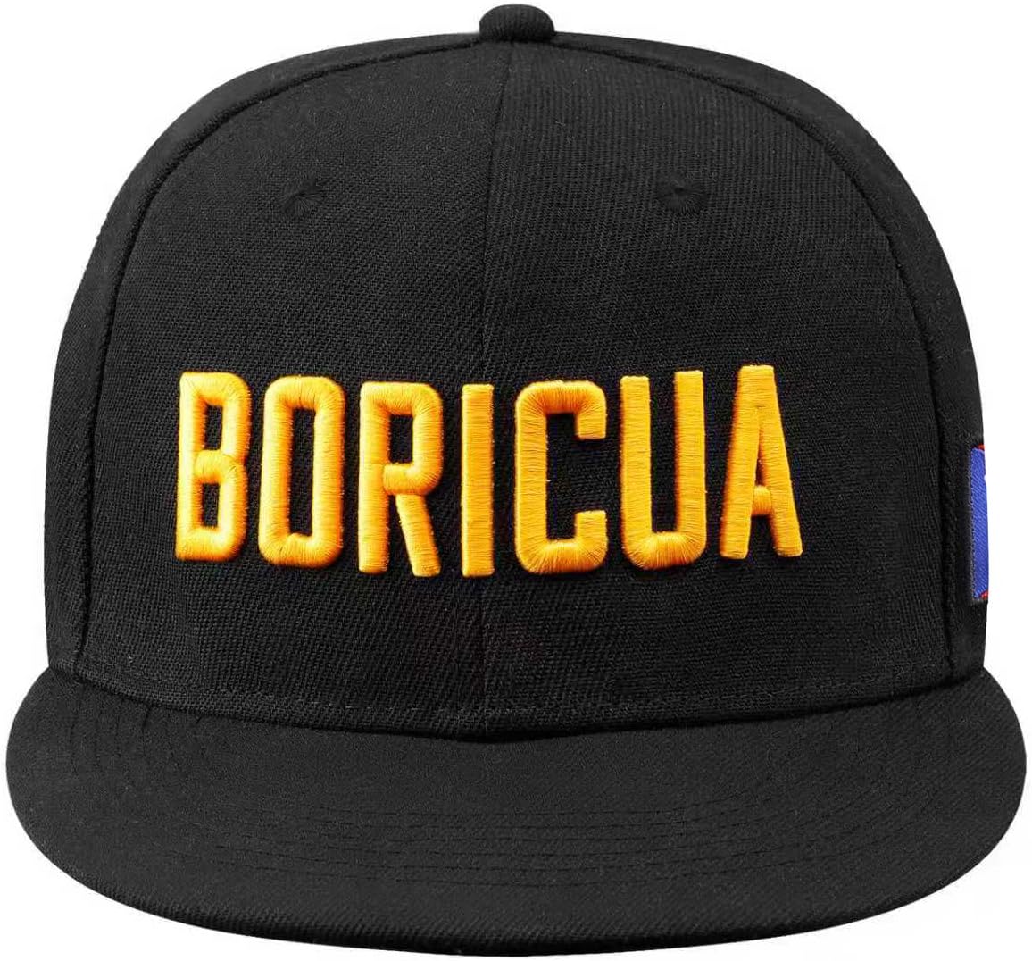 Puerto Rico Boricua Flat Brim Baseball Cap 100% Cotton, Embroidered Snapback Hat with Side Flag Patch, Adjustable Streetwear Hip-Hop Cap for Men & Women, All-Season Wear Black