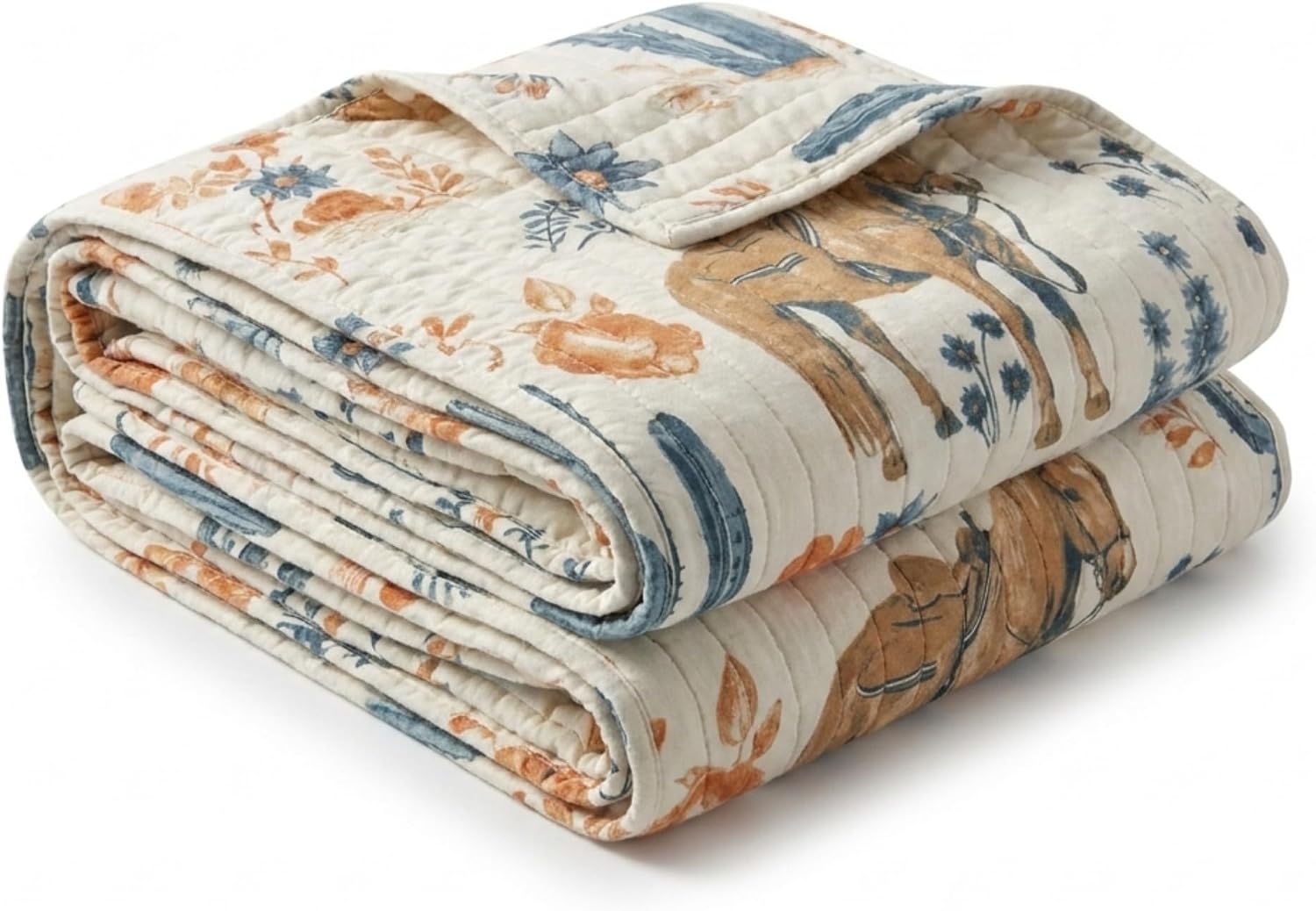Rod's True Western Goldie Standard Sham - Cotton Pillowcase with Horse, Cacti and Desert Rose Pattern, Reversible Aztec Diamond Design, Cream, Blue, Brown, Rust, Terracotta - 26" x 20"