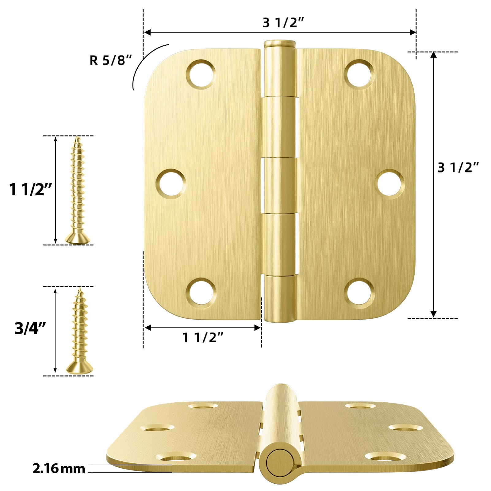 HOSOM Bisagras de puerta de latón satinado, paquete de 30 bisagras de puerta de 3.5 x 3.5 pulgadas con radio de 5/8 pulgadas, bisagras de puerta interiores y exteriores, bisagras de puerta doradas de