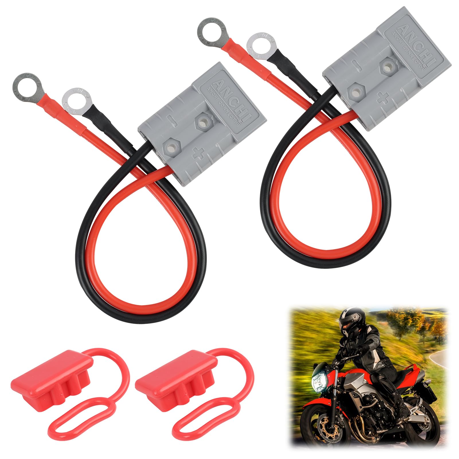 Anderson - 2 connettori da 50 A, 600 V, con cavo da 10 AWG, 30 cm, connettore per batteria con tappo di protezione, spina Anderson con cavo per porta caricabatterie