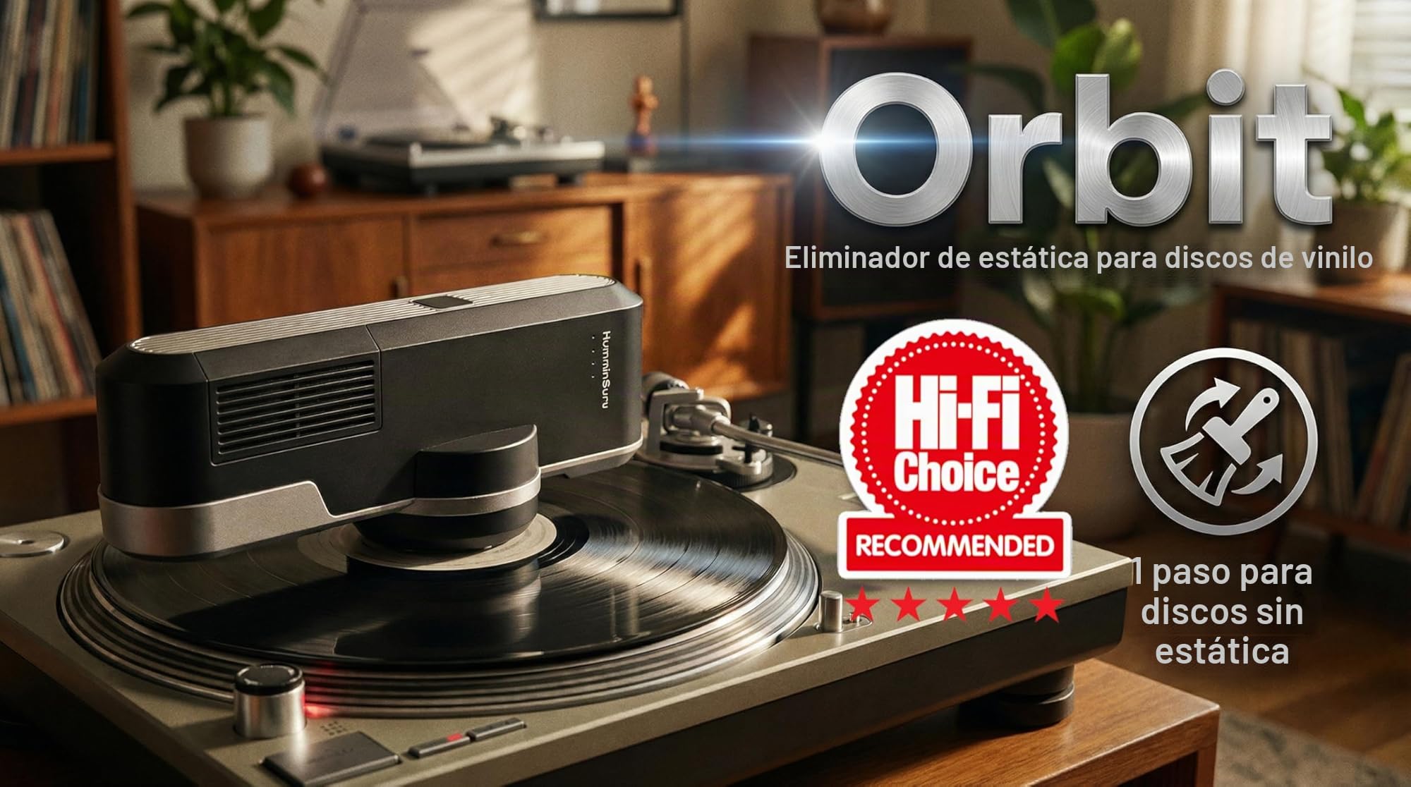 HumminGuru Removedor Estático Orbit para Discos de Vinilo, Máquina Limpiadora de Discos de Vinilo Elimina La Carga Estática Uniformemente, Ionizador Giratorio de 360° LP, Kit de Limpieza de Accesorios