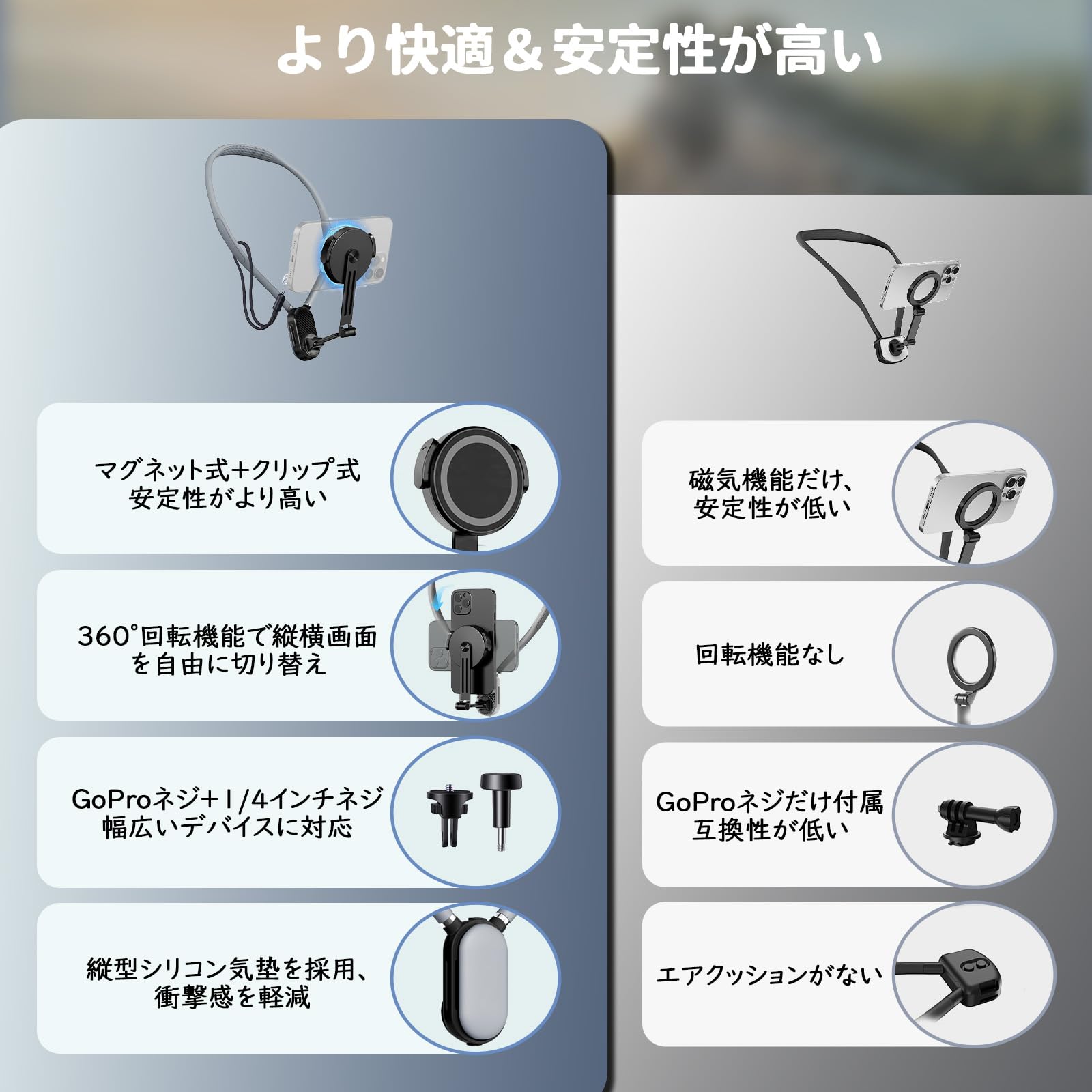 Yoobao ネックレスマウント スマホ 首掛けホルダー 【マグネット式&クリップ式 2in1設計】Magsafe対応 超強力磁力 gopro マウント gopro アクセサリー 柔軟シリコン製 折りたたみ可能 多角度調整可能 スマホストラップ付き 落下防止 1/4インチネジ付き アクションカメラ マウント 旅行 登山 徒歩 釣り Vlog撮影用 - 3