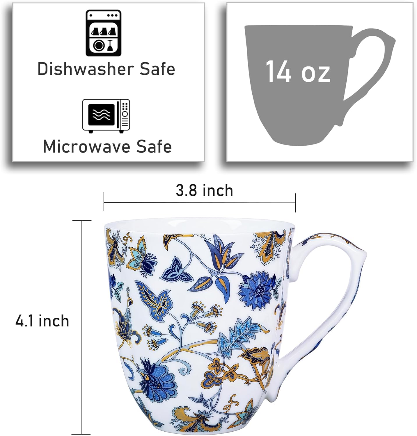 14oz Bone China Mug Floral Coffee Mug with Handle Elegant Flower Coffee Tea Cup Christmas Birthday Gifts for Women Men Family Friend - Image 2