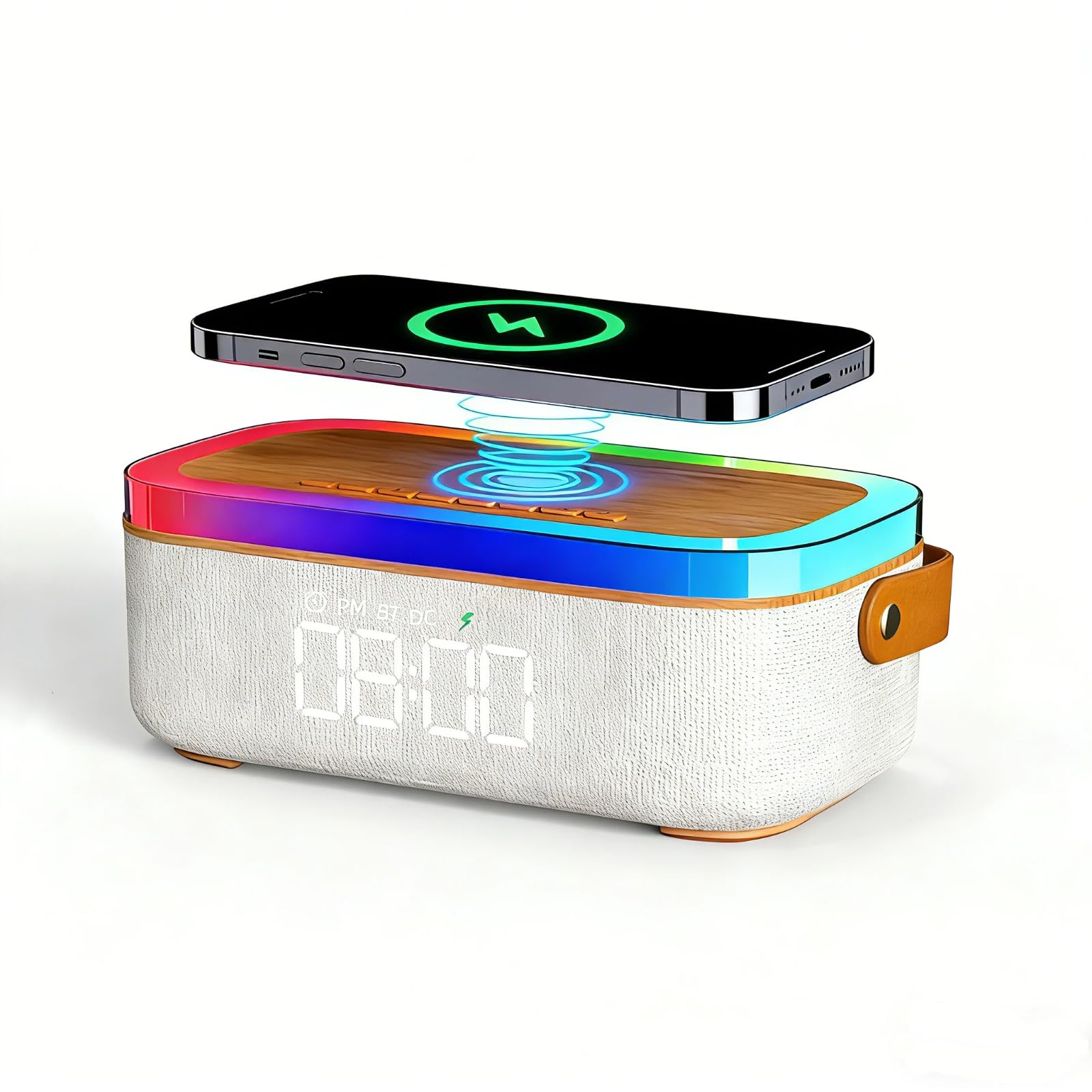 4-in-1 Alarm Clock Bedrooms for Heavy Sleeper Bluetooth Clock Sync with Phone Portable Bluetooth Speaker 15W Wireless Charging
