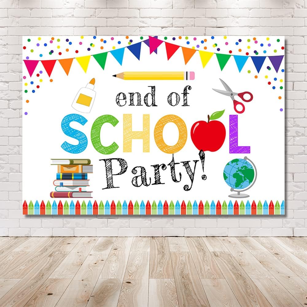 MEHOFOND End of School Party Photo Studio Booth Backdrops Props Colorful Pens Books Confetti Classroom Teacher Graduation Bash Decoration Backgrounds Banner for Photography 10x7ft