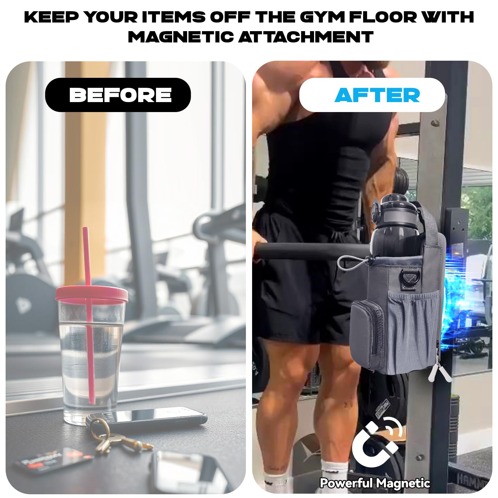 Magnetic Gym Bag for Men and Women, Magnetic Water Bottle Holder for Gym, Small Gym Bag, Gym Gifts for Women and Men, Gray, Movement