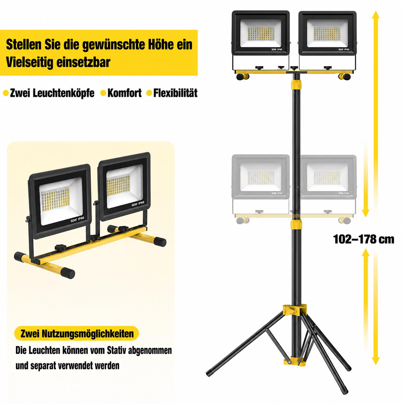 Reflektor budowlany LED 2 x 50 W, lampa robocza LED z wtyczką