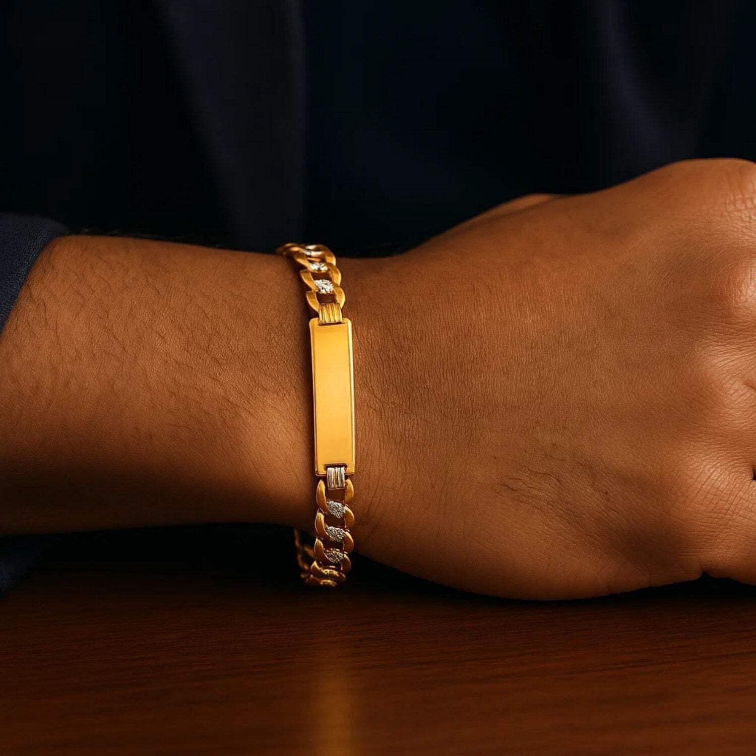 14k Two Tone Gold 8 1/2 inch Mens Wide Curb Chain ID Bracelet with White Pave 8.5'' / Two-Tone Gold
