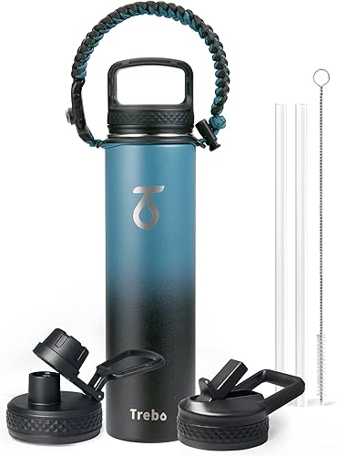 Miniatura 37 de Trebo Botella de Agua de 24 oz Aislada con Tapa y Pajita, Termo de Acero Inoxidable de Doble Pared al Vacío con Mango de Paracord, Frasco Deportivo