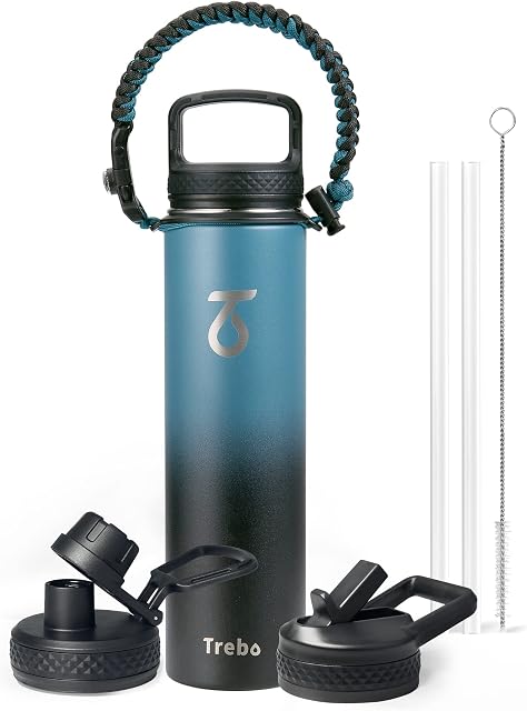 Insulated Water Bottle, Trebo 700 ml Metal Bottle with Paracord Handle Wide Mouth Double Wall Stainless Steel Water Bottle Keep Cold 48 Hours Water Bottle with 3 Lids, Indigo/Black