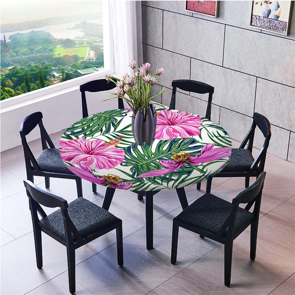 Chickwin Round Fitted Tablecloth Elastic Edged, 3D Summer Tropical Flamingo Pattern Tablecloth Waterproof Wipe Clean Table Cover for Cafe Kitchen Outdoor Family Gathering (Pink Flower,100cm)