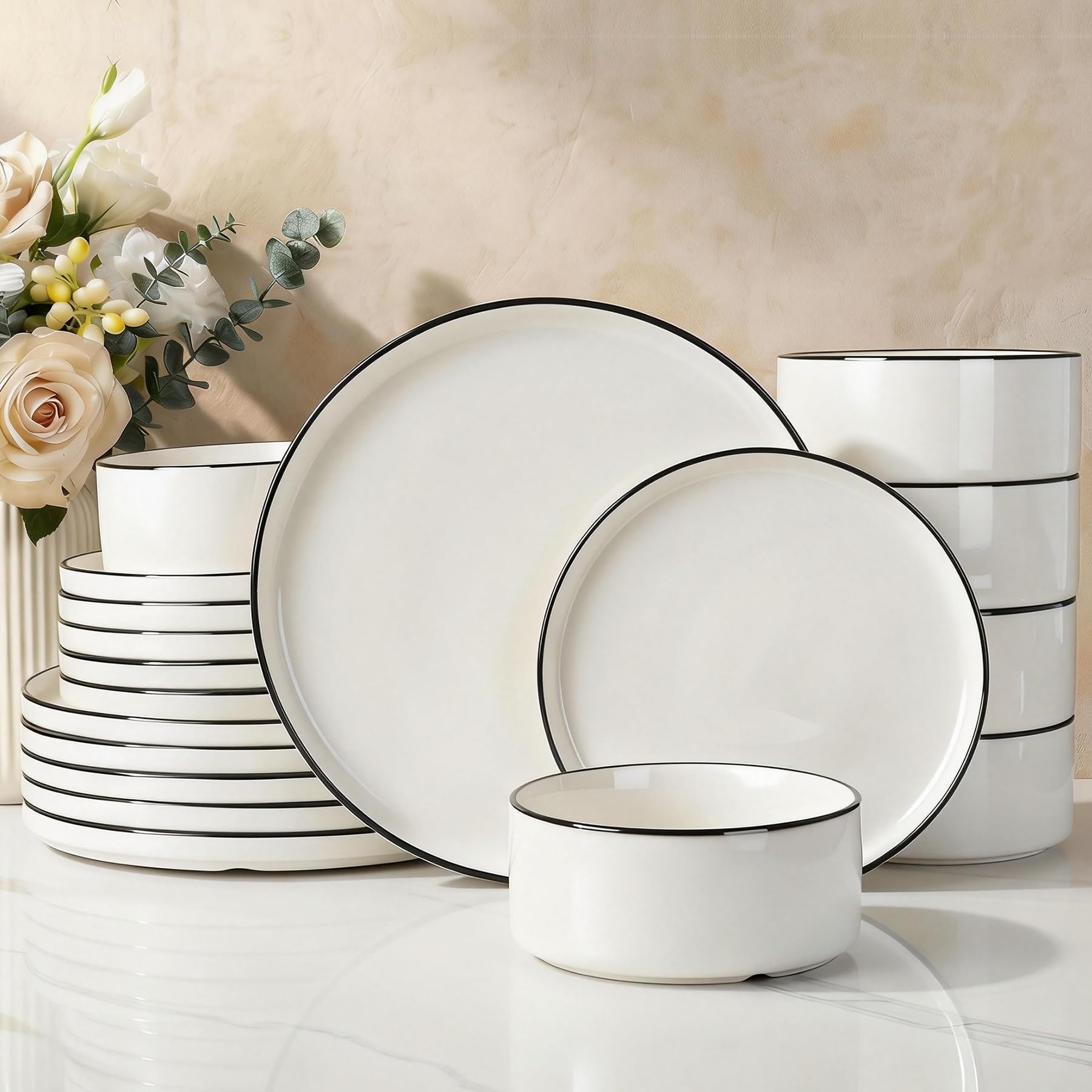 Richmount Dinner Sets for 6 People, 18 Pieces Modern Porcelain Plates and Bowls Set, Dinnerware Sets Chip Resistant, Microwave & Dishwasher Safe, Ceramic Dish Set Service for 6, White with Black Trim