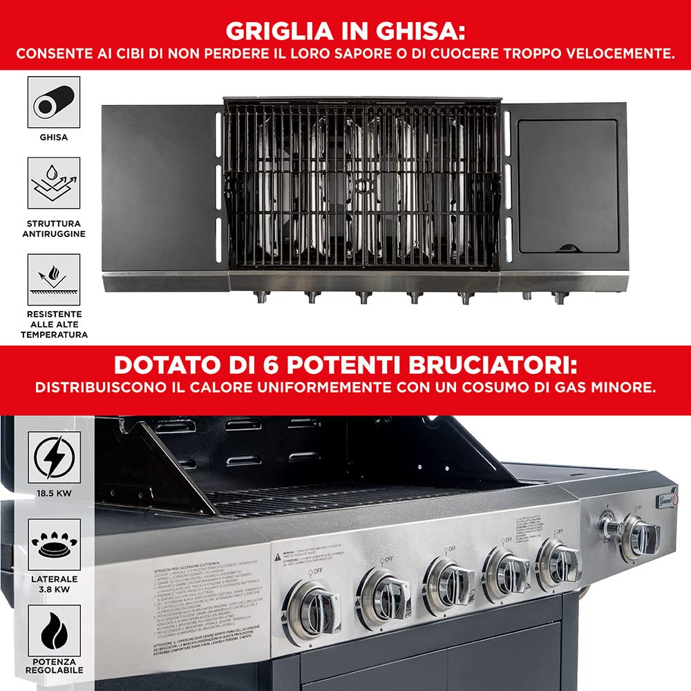 Arsard Barbecue a Gas Professionale XXL Con 6 Fuochi Multifunzione Da 19 KW, Completo Di Bruciatore Laterale, Coperchio, Termometro, Griglia In Ghisa, Ruote, Portabombola E Struttura In Acciaio Inox