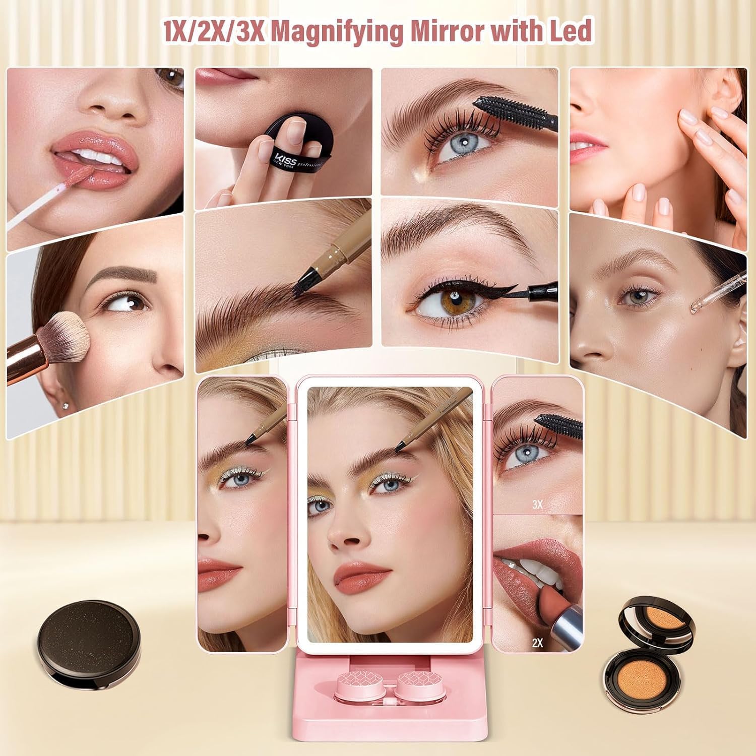 CHIDDHAN Tri-Fold Tricolor LED Vanity Mirror with Adjustable Warm/White/Neutral Light, Magnifying Sides & Portable Foldable Stand for Professional Makeup (White, Pink) 4