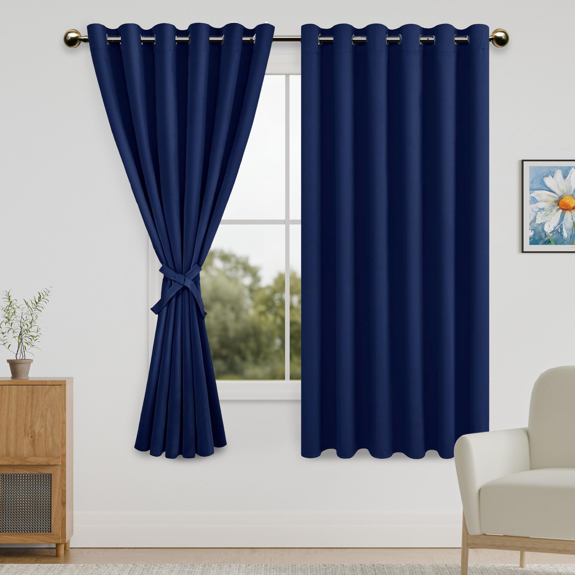 DWCN Blackout Curtains for Bedroom with Tiebacks - Room Darkening Privacy Grommet Top Window Curtains for Living Room, 70 x 63 inch Length,Dark Blue,Set of 2 Panels