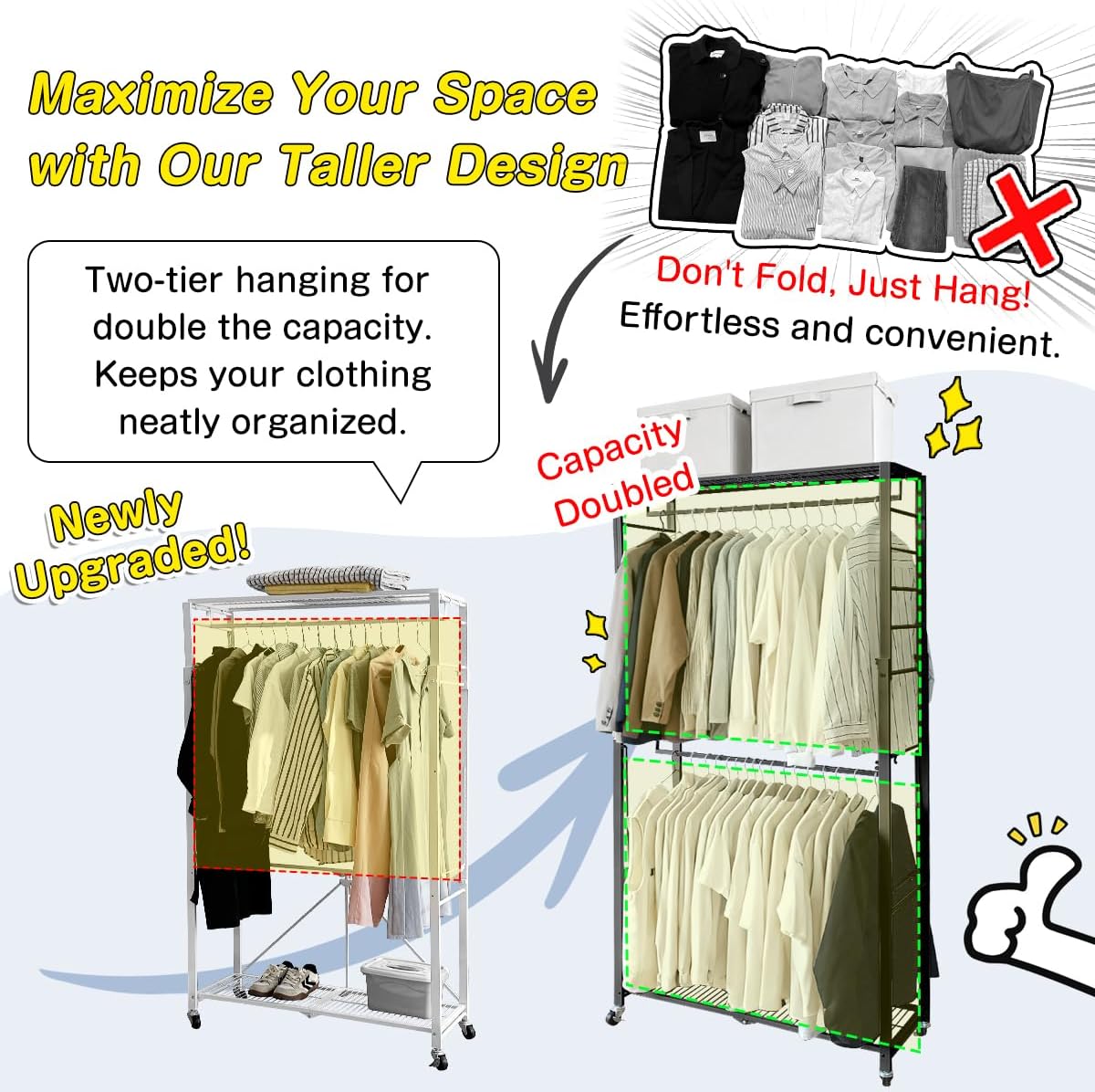 lumizone Folding Clothing Rack with Wheels Expandable Wardrobe Portable Clothes Rack for Hanging Clothes Adjustable Closet Shelves Garment Rack Durable Closet Racks for Hanging Clothes (Pro Black)