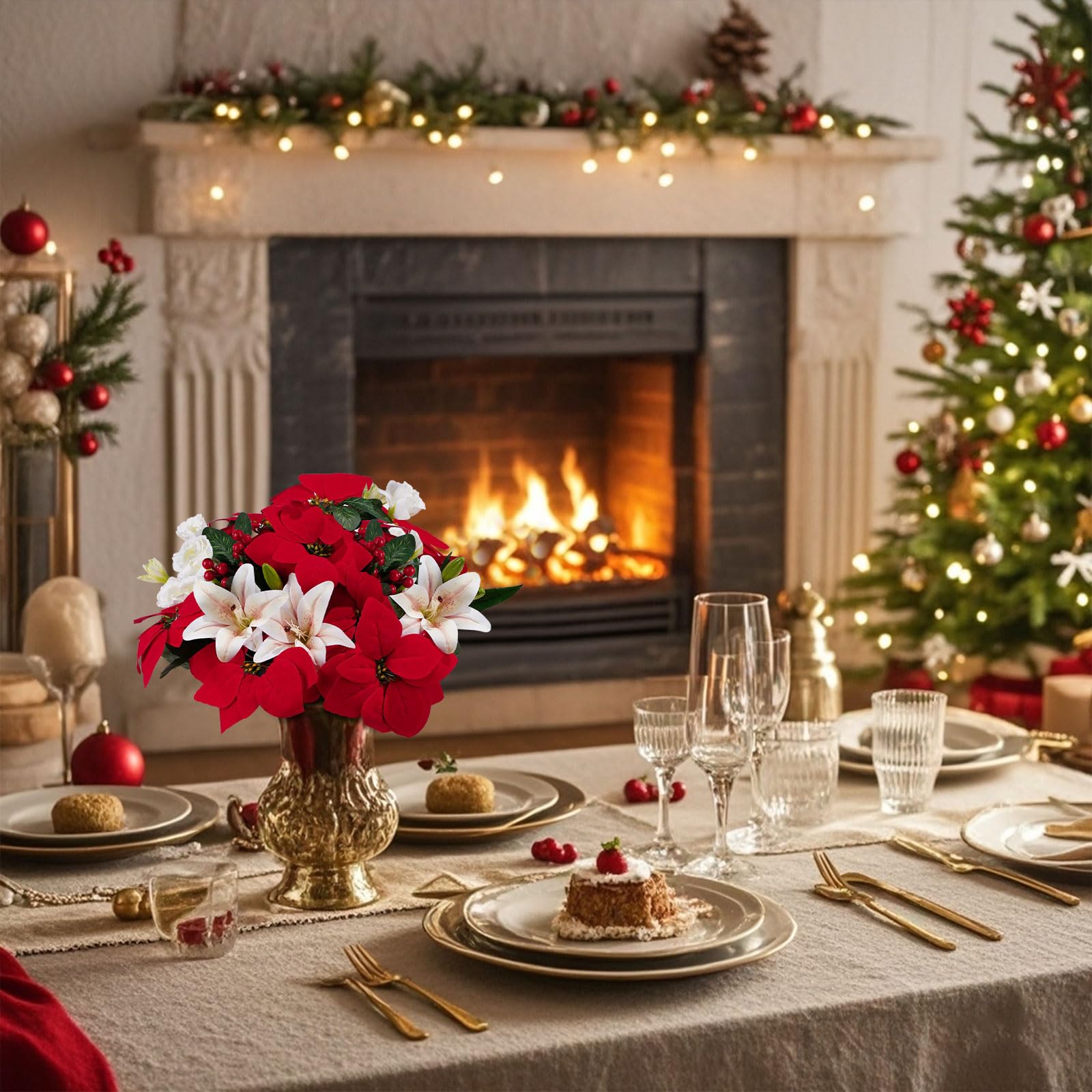 Ramo de flores de Pascua artificiales de Navidad para decoración de centro de mesa de Navidad, flores falsas de seda, arreglos florales de Navidad para rellenar jarrones del hogar, interiores y
