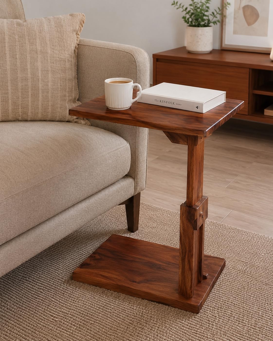 Solid Wood C Shape Side Table for Living Room, Sofa Side End Table, Handmade Wooden Laptop Table, Bedside Table with Walnut Finish-picture-10