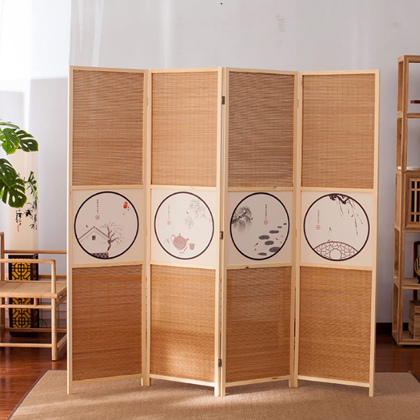 Amazon｜パーテーション 間仕切り 4連 高さ180cm 天然木 竹製