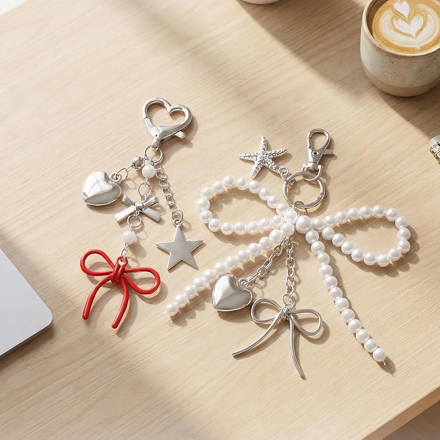 2pcs Bow Bag Charm, Cute Keychains Charms for Purse Handbag Backpack Bag, Pearl Keychain Charms for Women
