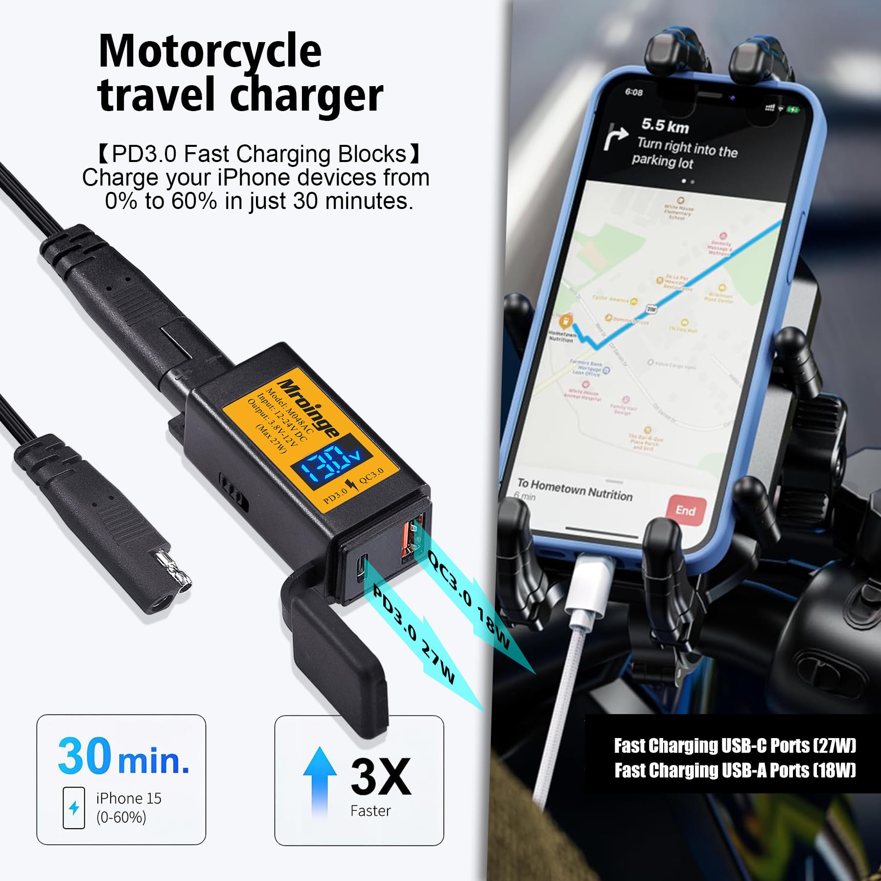 Mroinge Motorcycle USB-C Charger, SAE to USB Adapter, 27W Dual Port USB Fast Charger with Voltmeter/Ammeter and ON/Off Switch, Perfect for Phone, Tablet, GPS etc Charging