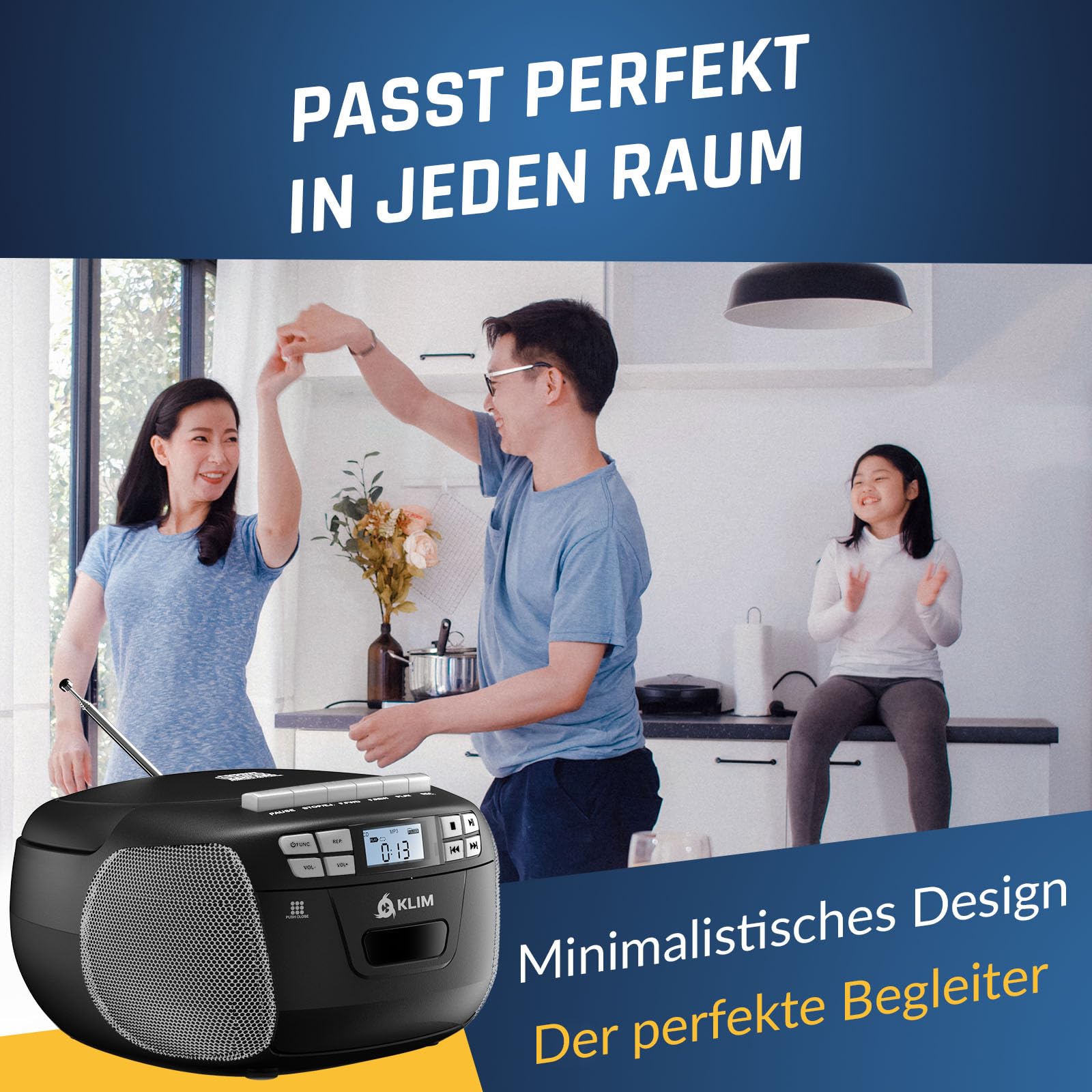 KLIM CD Player mit Kassette, Kassettenspieler, Kassettenrekorder, AM/FM Radio & USB, Bluetooth CD-Player, Netz- und Batteriebetrieb - Silber