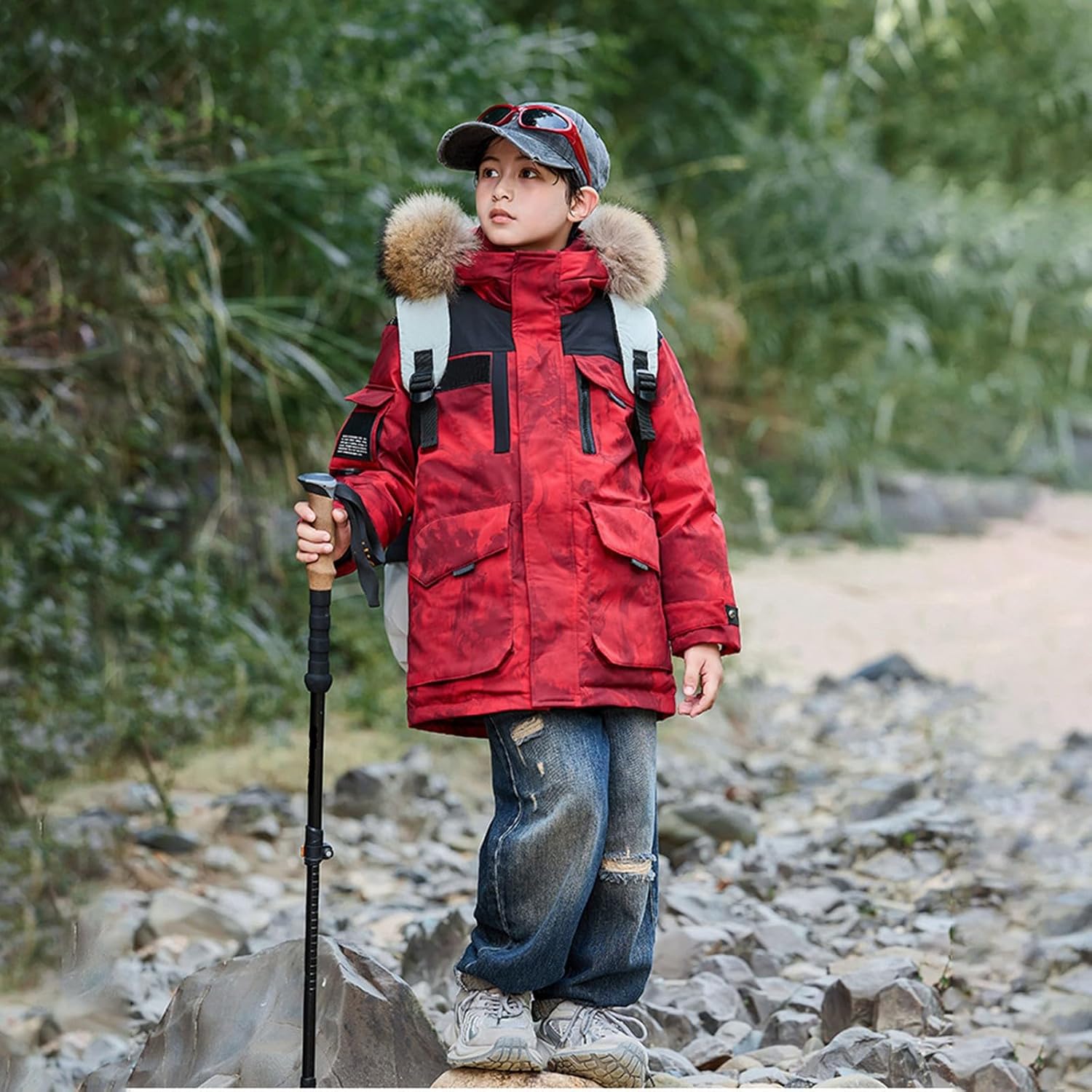 Boys Winter Puffer Jackets Open Zipper Hooded Down Coats Kids Outdoor Insulated Faux-Fur Hood Outwear with Pockets