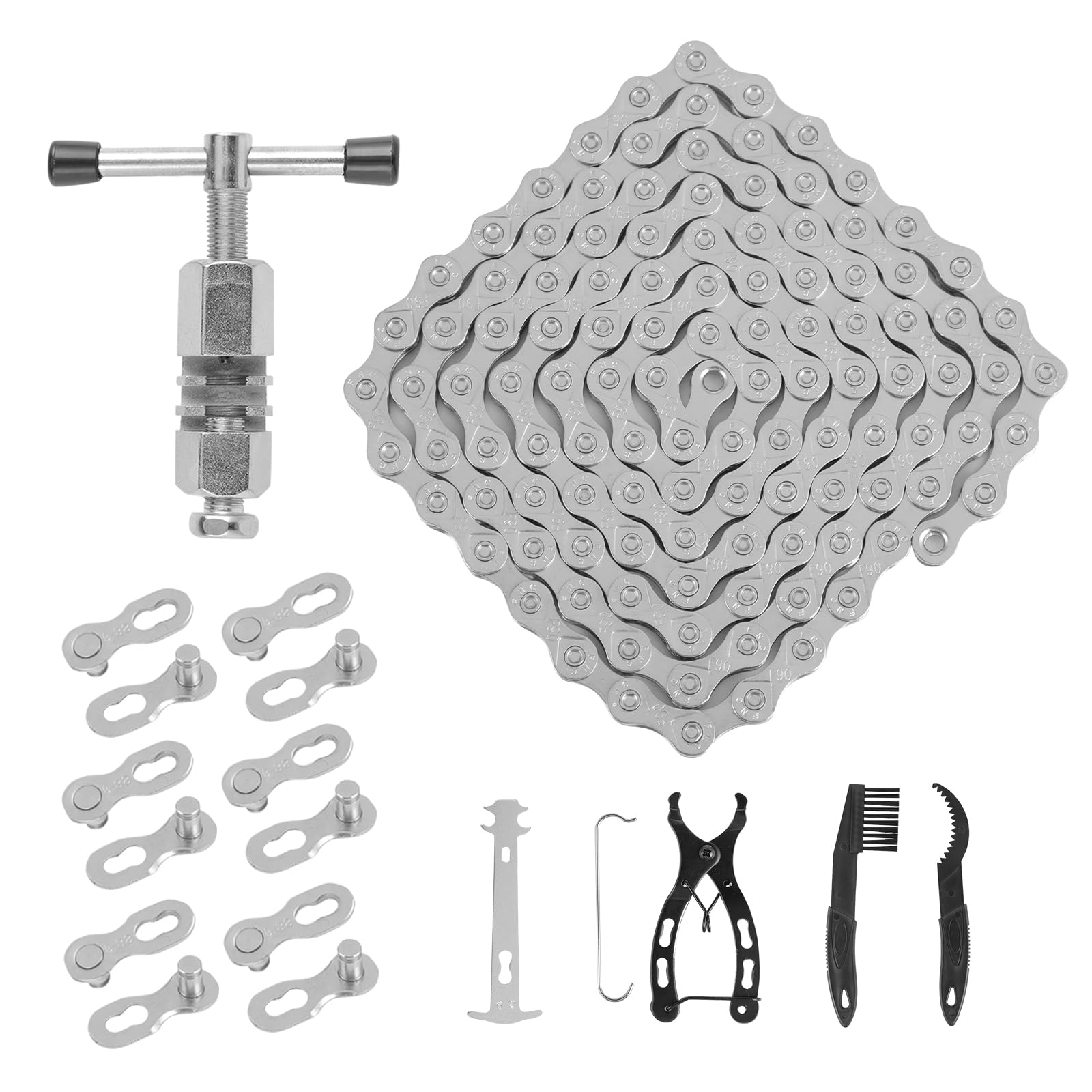 Łańcuch rowerowy – 6/7/8-biegowy łańcuch rowerowy 1/2 x 3/32 cala 116 ogniw - zestaw narzędzi łańcuchowych - stop aluminium - łamacz łańcucha - do naprawy łańcucha rowerów górskich, rowerów szosowych