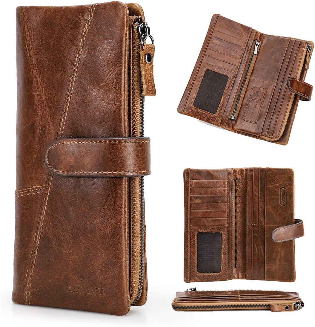 CONTACTS Mens Clutch Wallet Leather Purse for Men Long Zipper Brown Phone Wallet Card Holder Bifold Coin Wallet