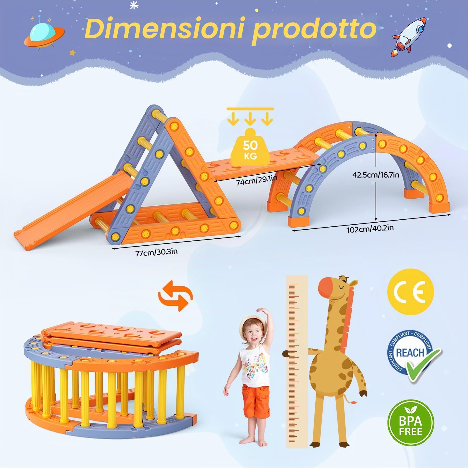 Struttura per arrampicata per bambinii, scaletta da arrampicata treppiede in plastica per bambini, set di gioco Montessori per intern (treppiede e arco e scala e scivolo)