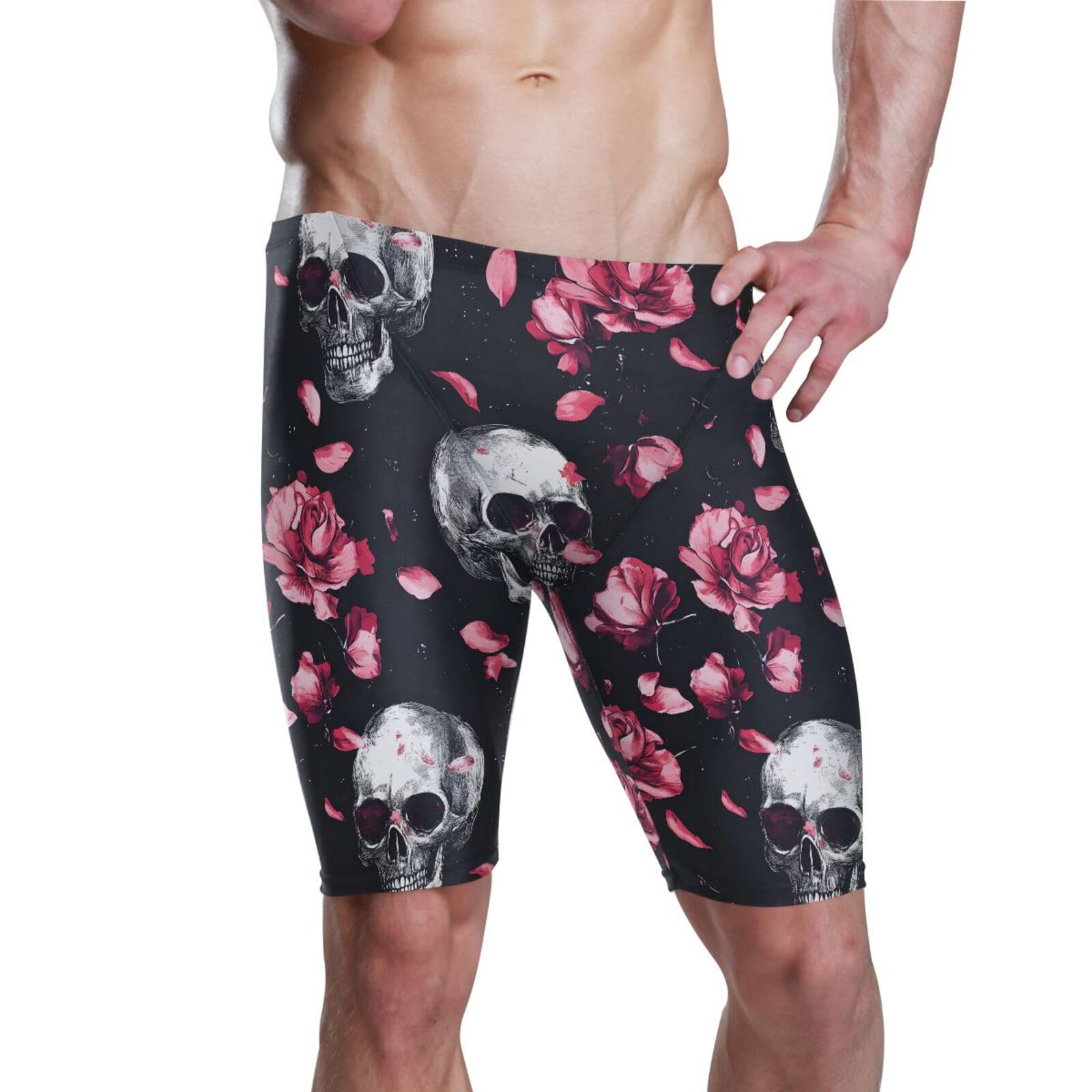 UMIRIKO Gothic Skull Pink Flower Rose Swim Jammers for Men Swimsuits Athletic Swimwear 3XL 202b8493