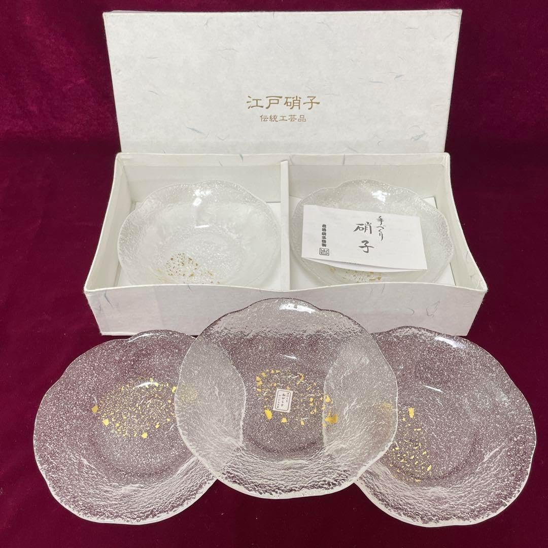 廣田硝子 雪の花 小鉢 | cosaji 食 暮らし こだわり 台所 つくば 江戸硝子 金彩あわ雪 金箔 ガラス小鉢 5枚セット 銘々皿 輪花皿