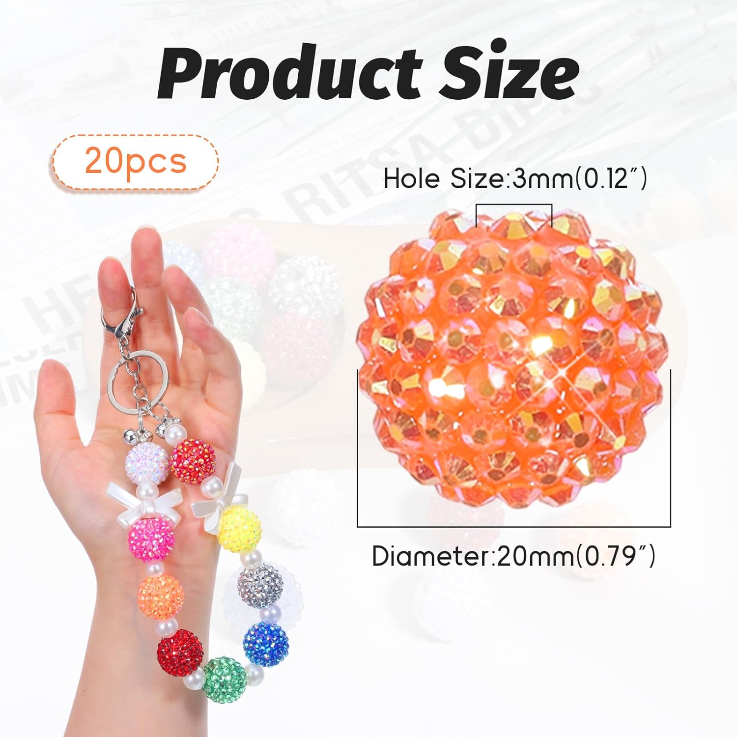 20 PCS 20mm Rhinestone Beads for Pens, Glitter Chunky Bubble Bead Bulk, Large Fancy Balls Spacer Beads for Beaded Pens Keychain Charms Bracelets DIY Craft - Image 2