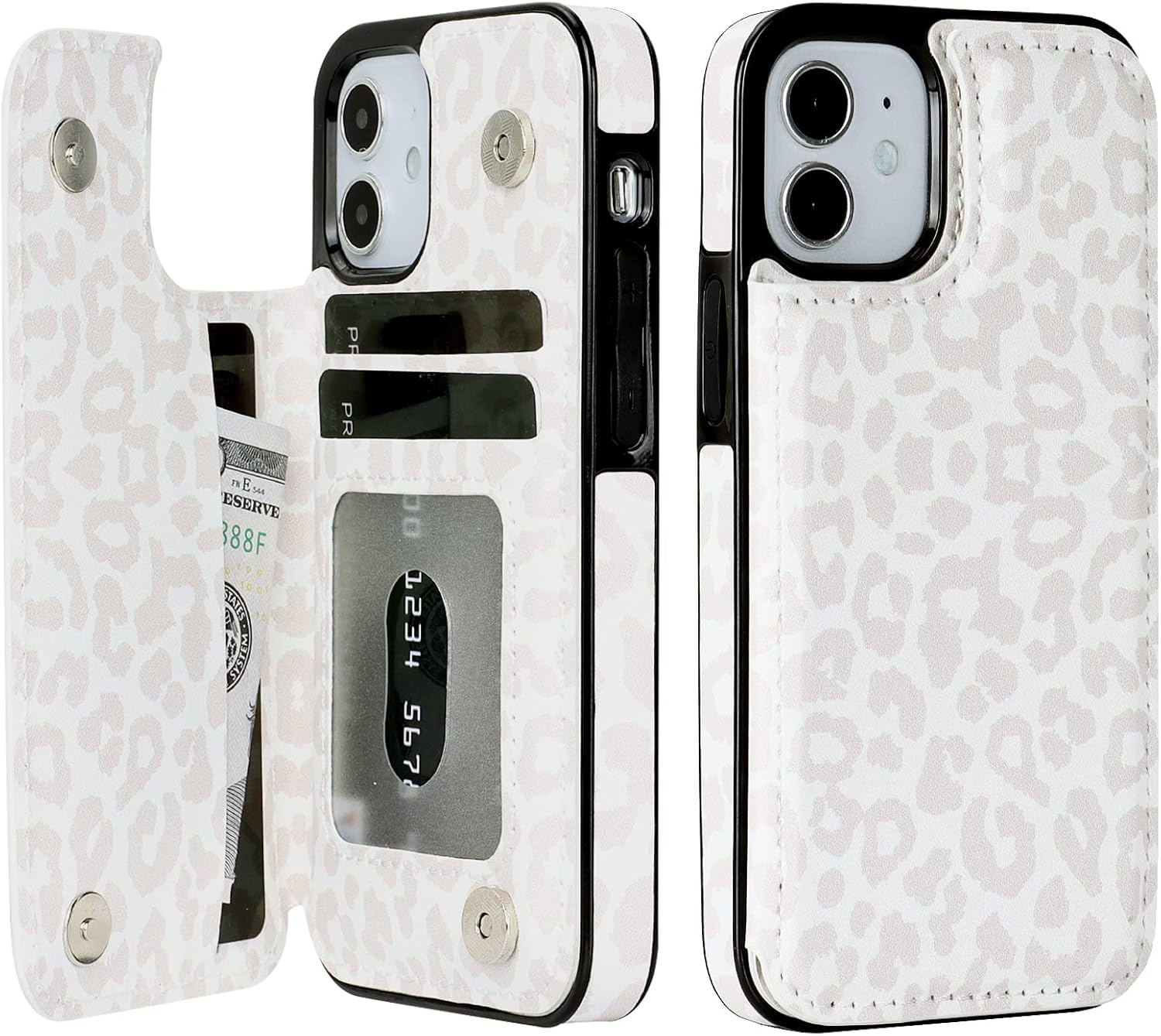 HAOPINSH for iPhone 12 Mini Wallet Case with Card Holder, Black Leopard Cheetah Pattern Back Flip Case PU Leather Kickstand Card Slots Case, Finger Grip Ring Double Magnetic Clasp 5.4"