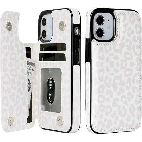 HAOPINSH for iPhone 12 Mini Wallet Case with Card Holder, White Leopard Cheetah Pattern Back Flip Case PU Leather Kickstand Card Slots Case for Women Girls, Double Magnetic Clasp Cover 5.4"