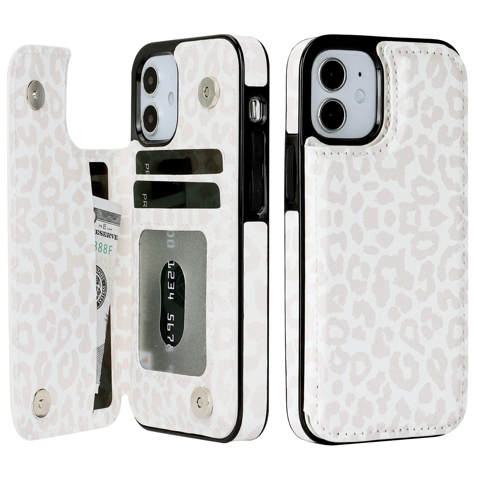 HAOPINSH for iPhone 12 Mini Wallet Case with Card Holder, White Leopard Cheetah Pattern Back Flip Case PU Leather Kickstand Card Slots Case for Women