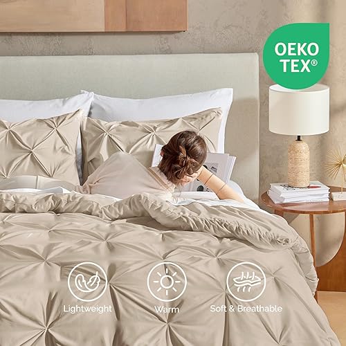 Miniatura 4 de Andency Edredón plisado caqui Queen (90 x 90 pulgadas), 3 piezas (1 edredón y 2 fundas de almohada), juego de edredón de microfibra alternativa para